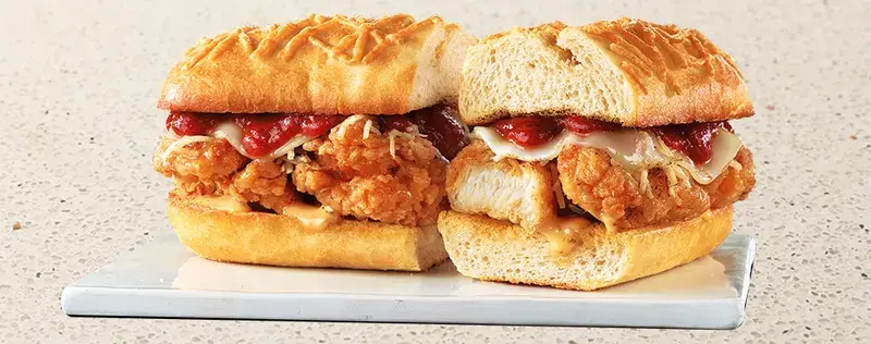 Chicken Parmesan Sandwich, Breadstick Dipping Sauce and Fries from Pizza Hut