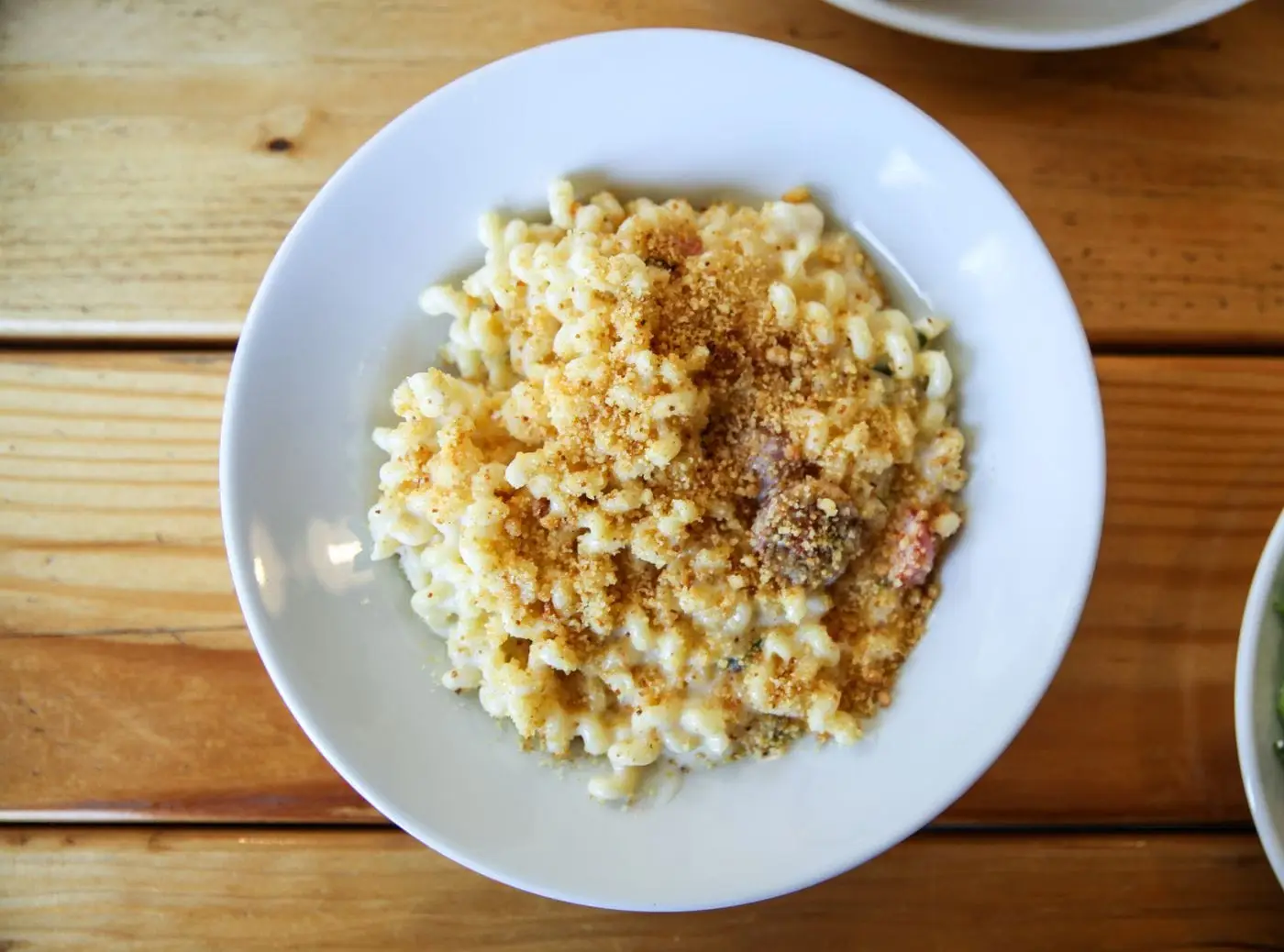 Creamy macaroni and cheese topped with breadcrumbs in a white bowl